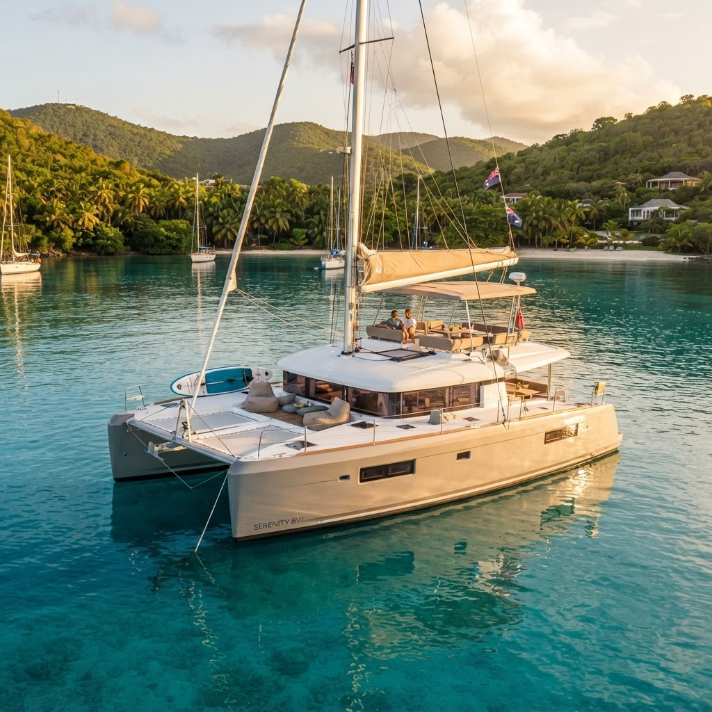 Lagoon 50 catamaran anchored in a calm Caribbean bay at golden hour