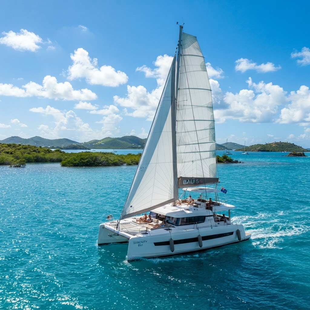 Luxury Bali 5.4 catamaran sailing across turquoise water in the British Virgin Islands