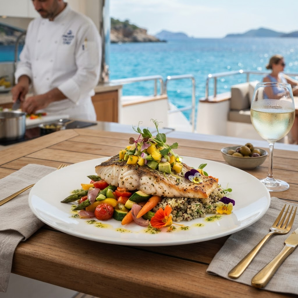 Gourmet seafood dish prepared by the private yacht chef