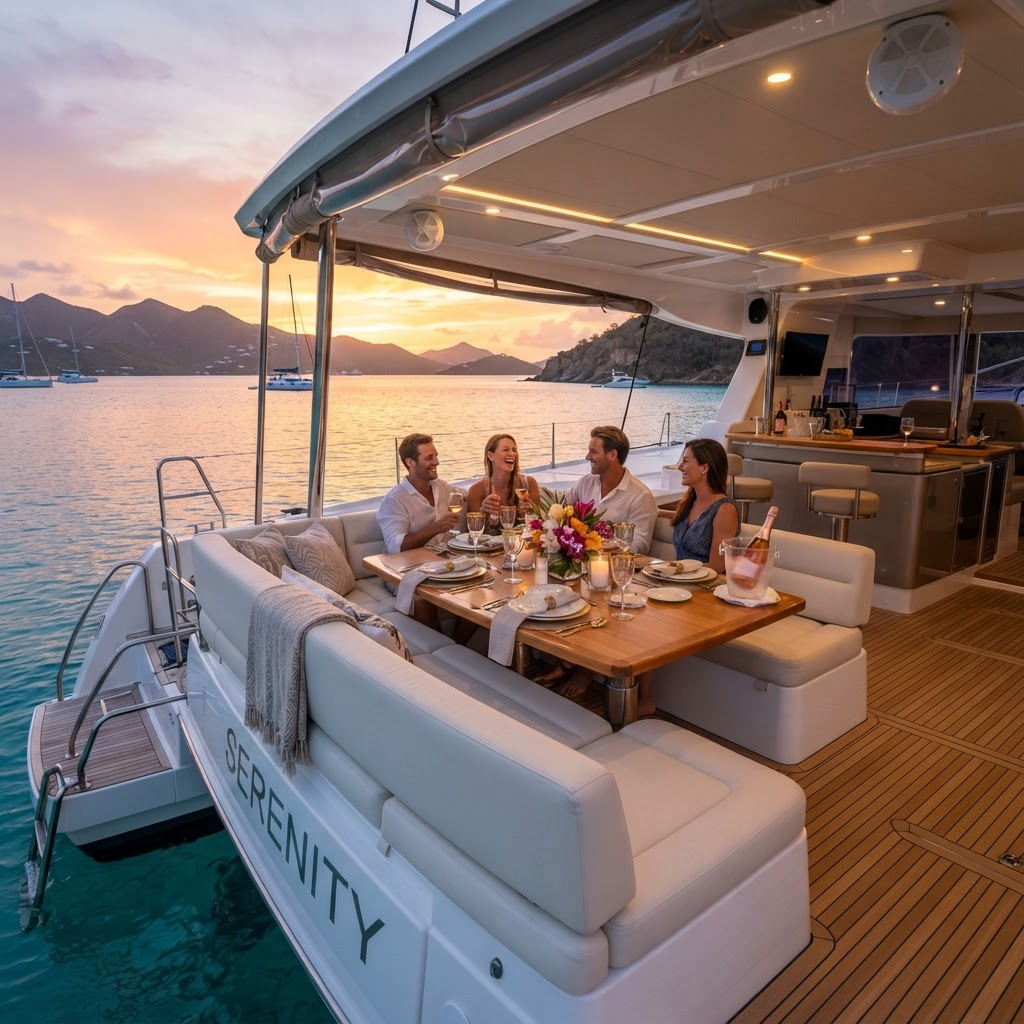 Spacious catamaran cockpit and lounge deck set for dinner at sunset